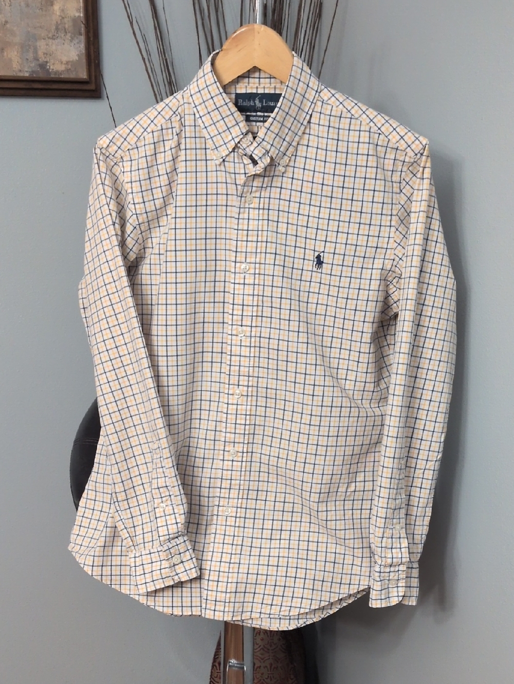 Ralph Lauren Cream Button-Down Shirt with Blue Windowpane